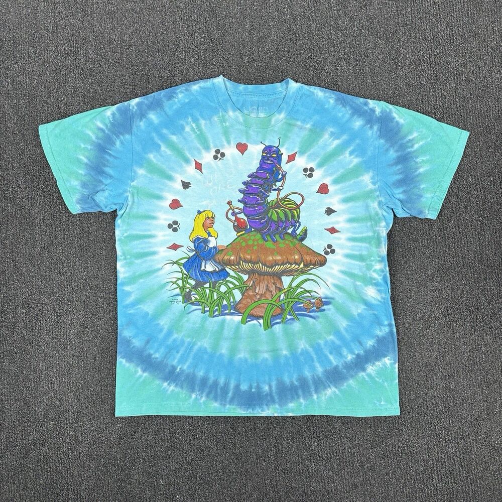 VTG Liquid Blue Alice in Wonderland T-Shirt Men's Y2K Tie Dye Trippy Size Large